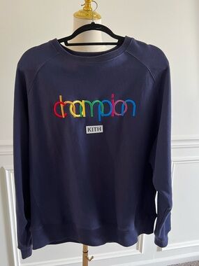 Champion x Kith Navy Crewneck Sweatshirt - Rainbow Logo